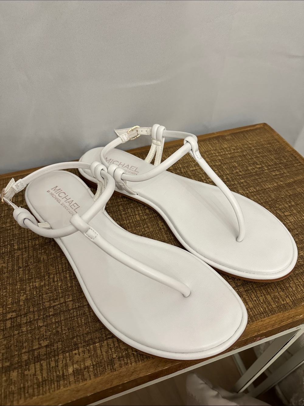 Michael Kors White Leather Knot T-Strap Sandals